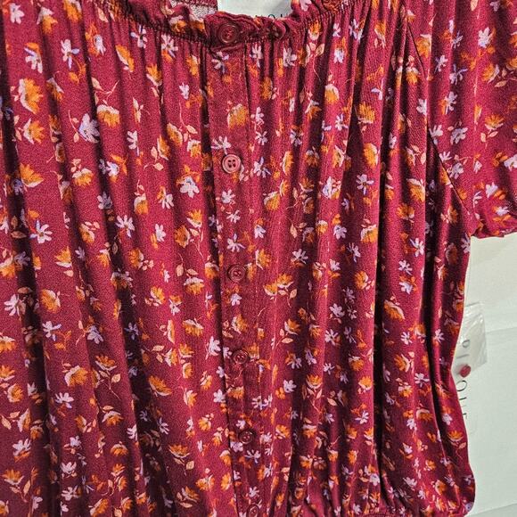 Pinque Cropped Blouse Puff Sleeves Floral Burgundy Size Medium - Picture 4 of 7